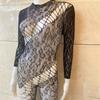 Women Leopard Fishnet Bodystocking Long Sleeve Bodysuit Sexy Hollow Out Mesh Tights Nightwear Erotic Lingerie Jumpsuit