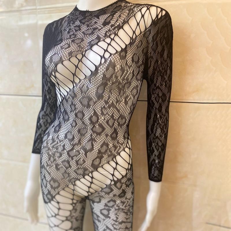 Women Leopard Fishnet Bodystocking Long Sleeve Bodysuit Sexy Hollow Out Mesh Tights Nightwear Erotic Lingerie Jumpsuit