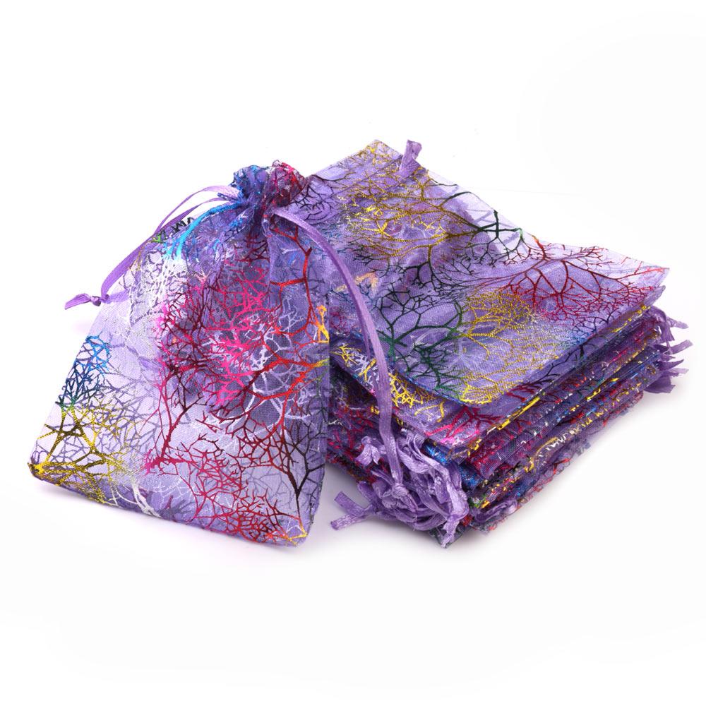 

25/50/100pcs/lot Organza Gift Bag Jewelry Packaging Drawstring Bag Multi-size Colorful Trees Printing Party Wedding Candy Bag 7x9cm&25pcs