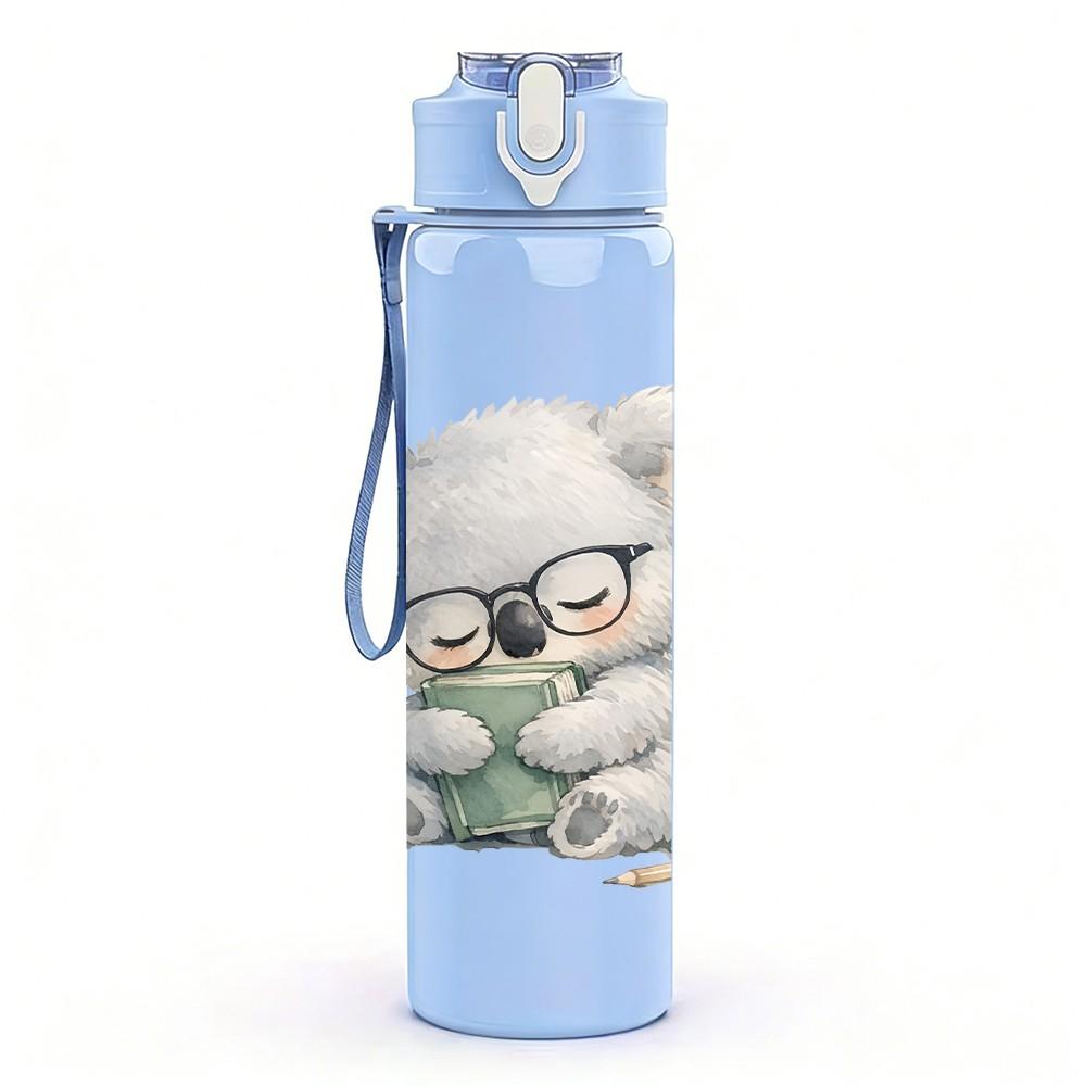 1PC Koala Holding Tea Cup Cartoon Print 750ml Color Plastic Sports Water Bottle Leakproof Flip Straw Lid Suitable for Sports Office Home Use