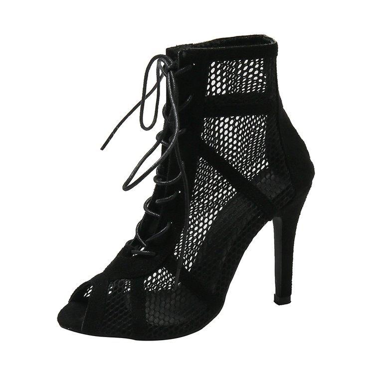 Foreign Trade 2025 Summer New Large Size European and American Mesh Cool Boots Roman Sexy Lace-up Fish Mouth High Heels