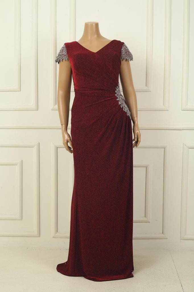Front Back V Neck Sleeve and Waist Stone Detailed Lined Draped Glittery Plus Size Lycra Long Dress