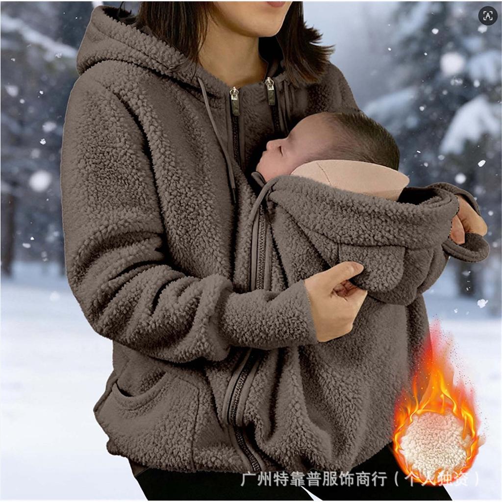 Women Fleece Hooded Jacket 2‑in‑1 Maternity Nursing Sweatshirt Baby Carrier Pouch Hoodie Zipper Warm Winter Outerwear Coat