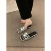 Korean Fairy Wind Open-toed Square Head One-word Slippers Female Summer Outer Wear Skirt Beautiful Burst Silver Flat Bottom Sandals
