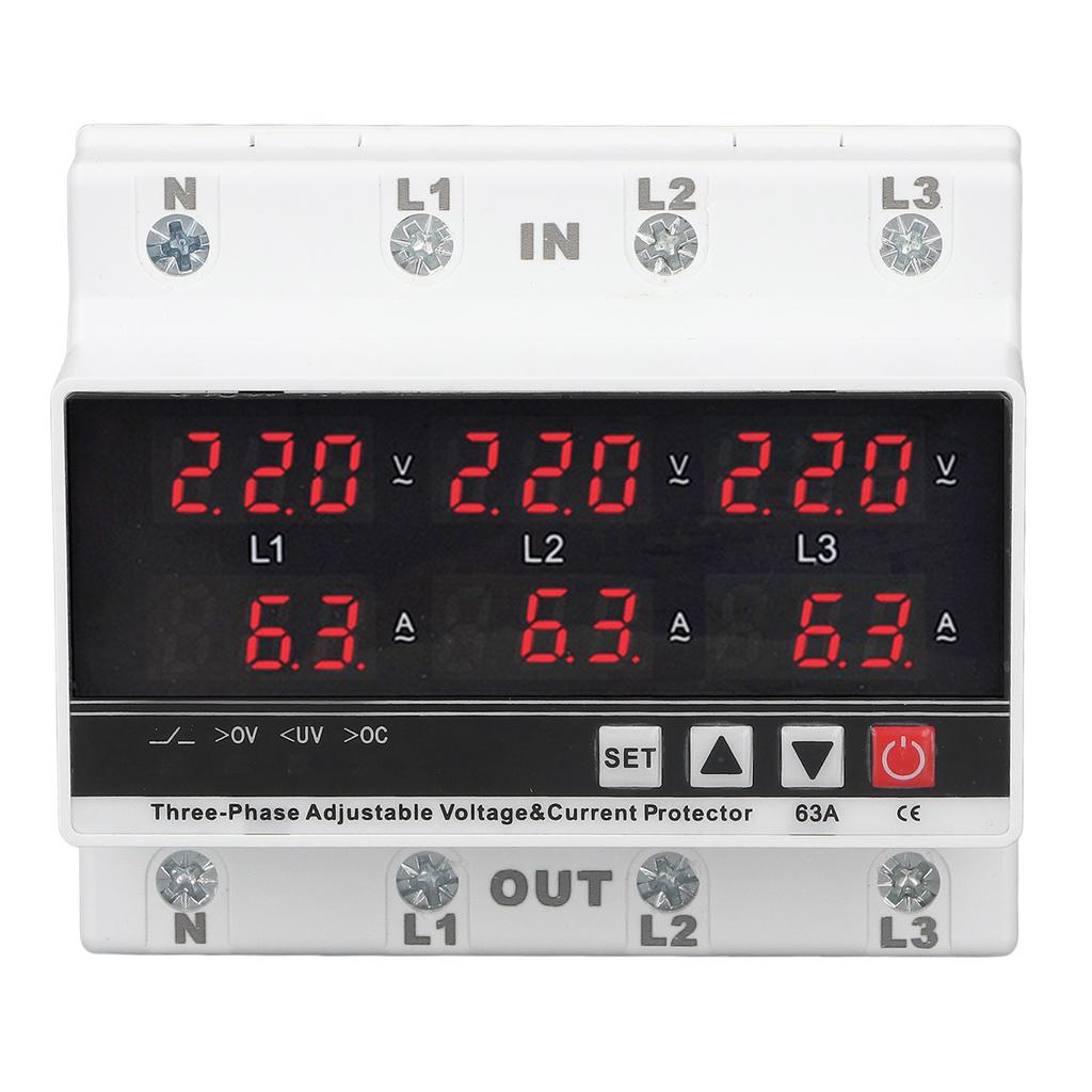Undervoltage Protector DIN Rail Adjustable Overcurrent Protector AC120V‑300V 63A 3 Phase 3 Wire 4 Wi