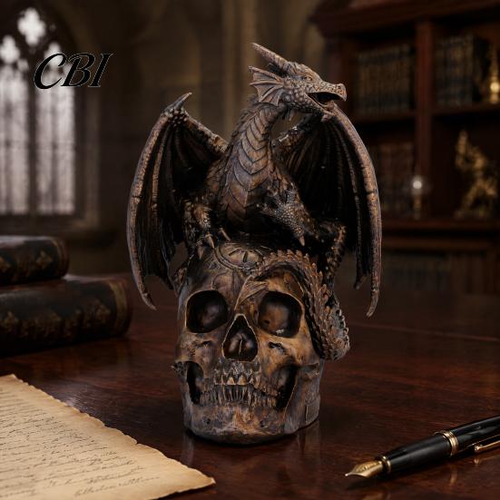 Modern Interior Sculptures Flying Dragon Skull Resin Statue, On Human Figurine, Bookshelf Display Figurine Halloween Abstract Sculpture, Gothic Garden