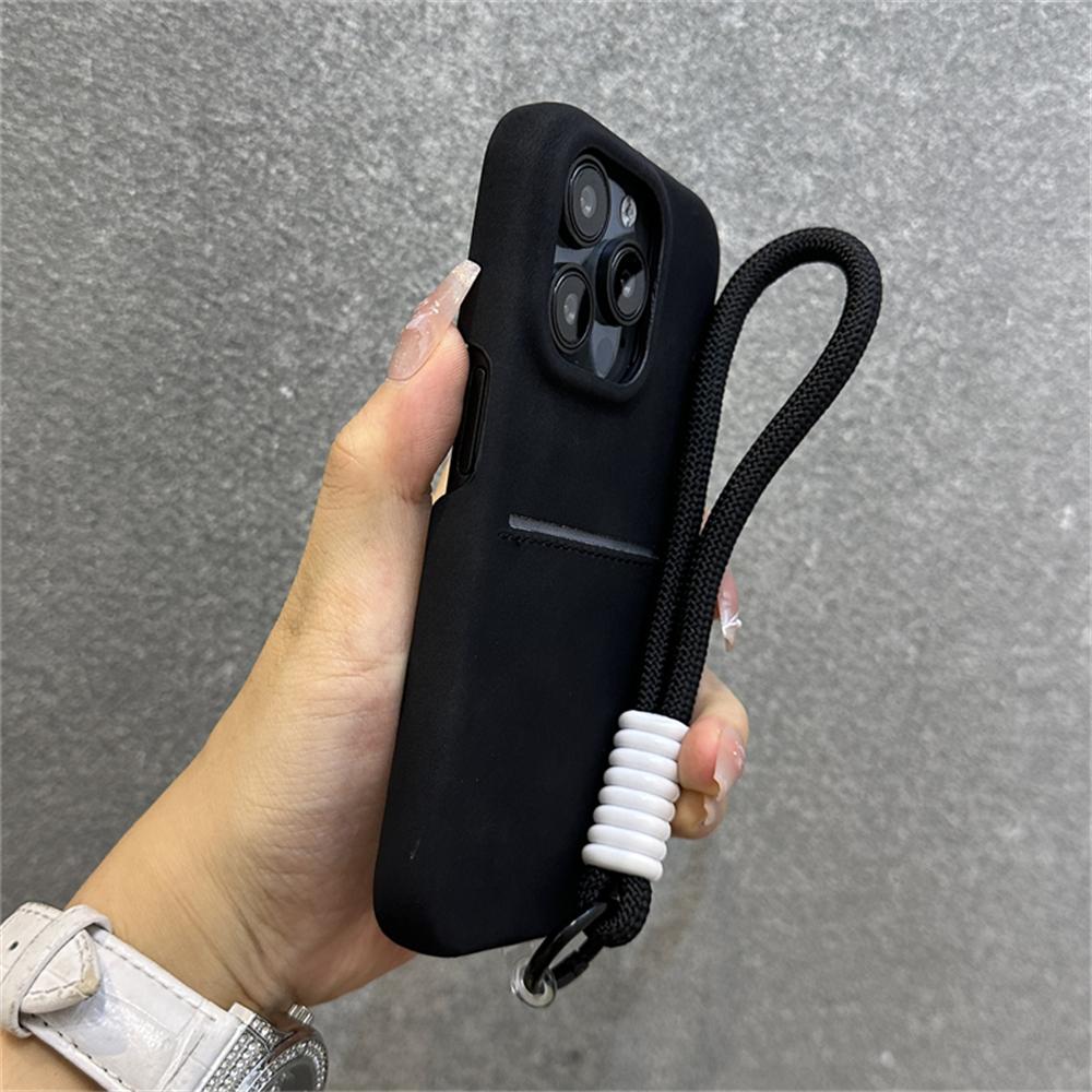 Luxury Suede Wallet Wrist Strap Rope Lanyard Card Holder Phone Case For iPhone 16 12 13 14 15 Pro Max Plus Cowhide Leather Cover