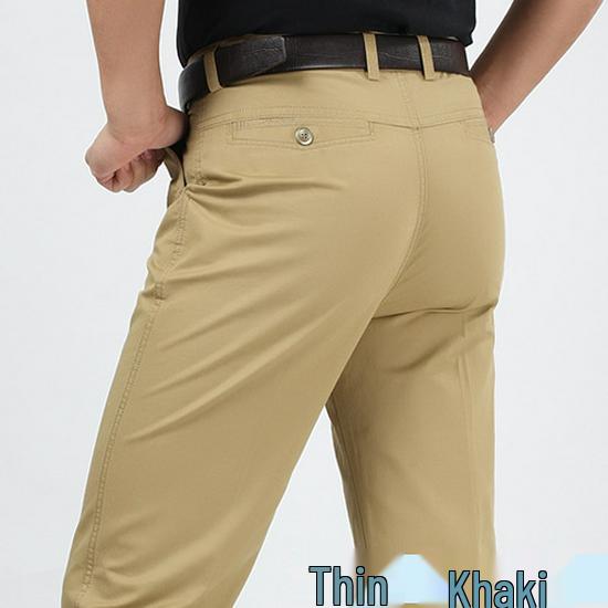 Men's Plus Size High Waist Cotton Work Pants - Summer Lightweight Casual & Formal Straight Leg Trousers for Middle-Aged & Elderly.