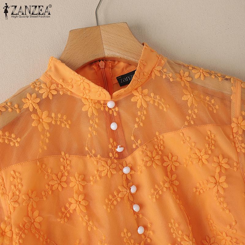 ZANZEA Bluză casual de damă cu guler înalt, mânecă scurtă, patchwork cu broderie din dantelă