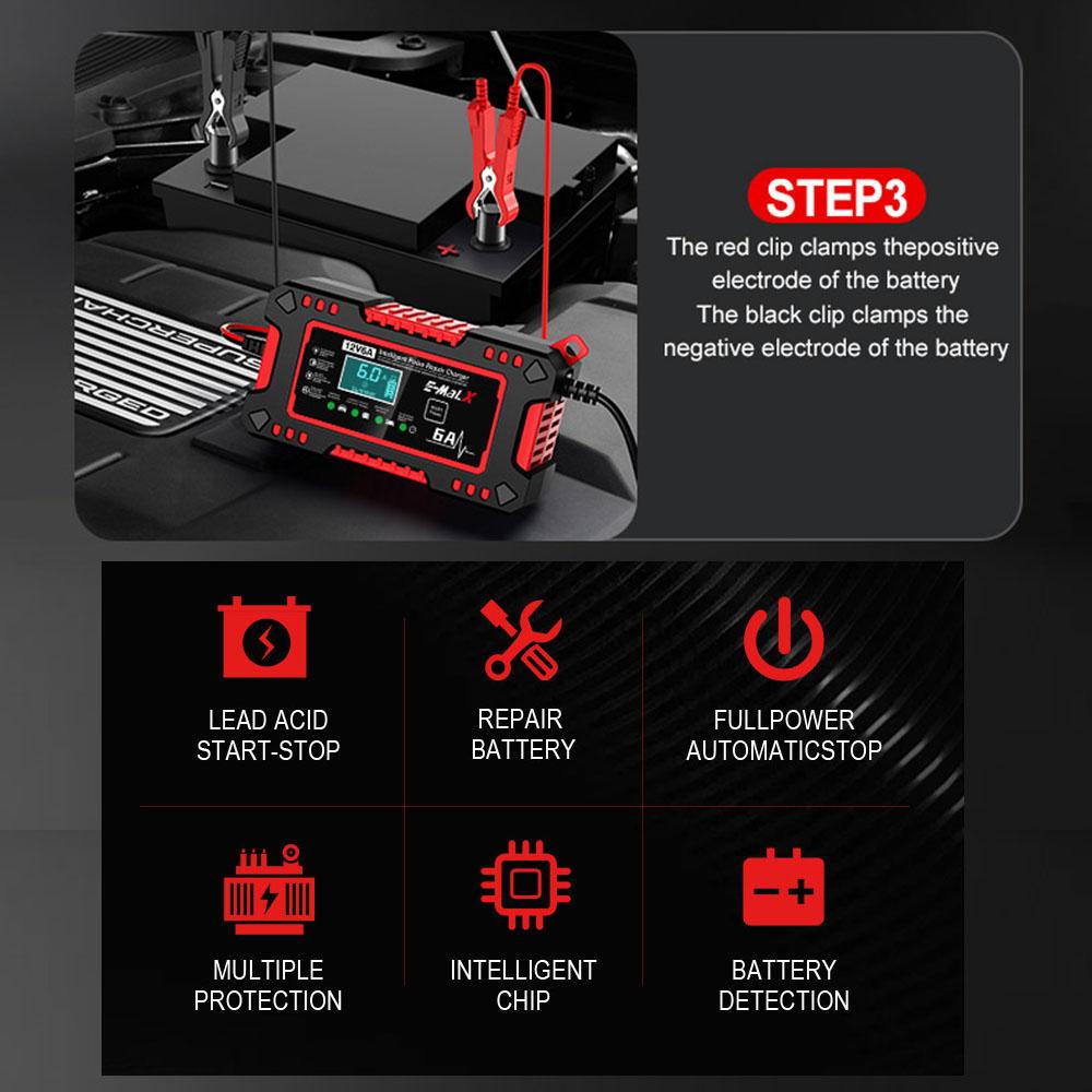 Voltage Temperature Detection 12V 6A Car Battery Charger Multiple Protection Digital LCD Display For Car SUV Motorcycle Truck Intelligent Pulse Repair