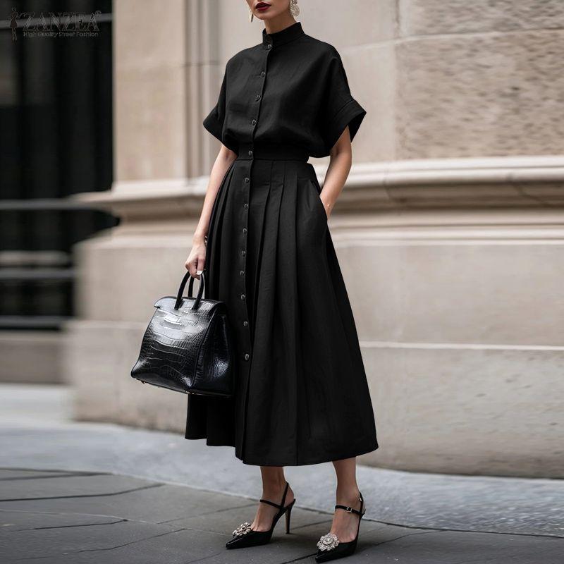 ZANZEA Women Short Sleeve Blouse and Long Skirts Summer Two Piece Suit Sets
