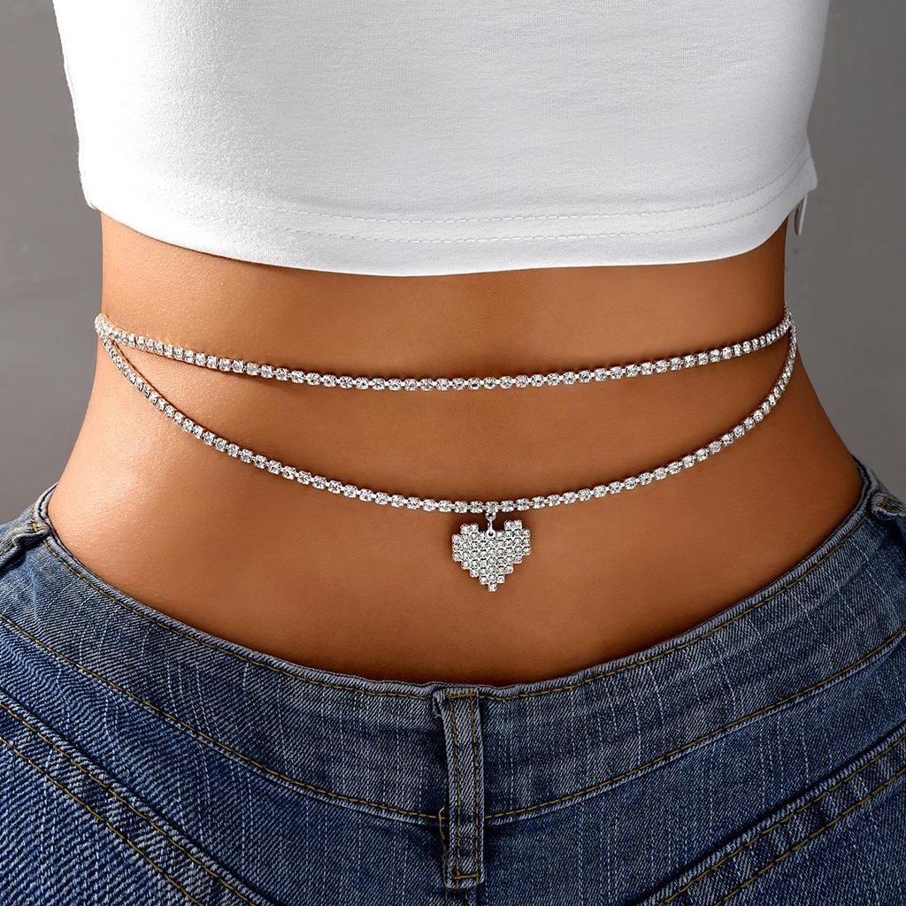 European and American Sexy Double Layer Heart Pendant Waist Chain - Fashion Diamond Belly Dance Navel Accessory
