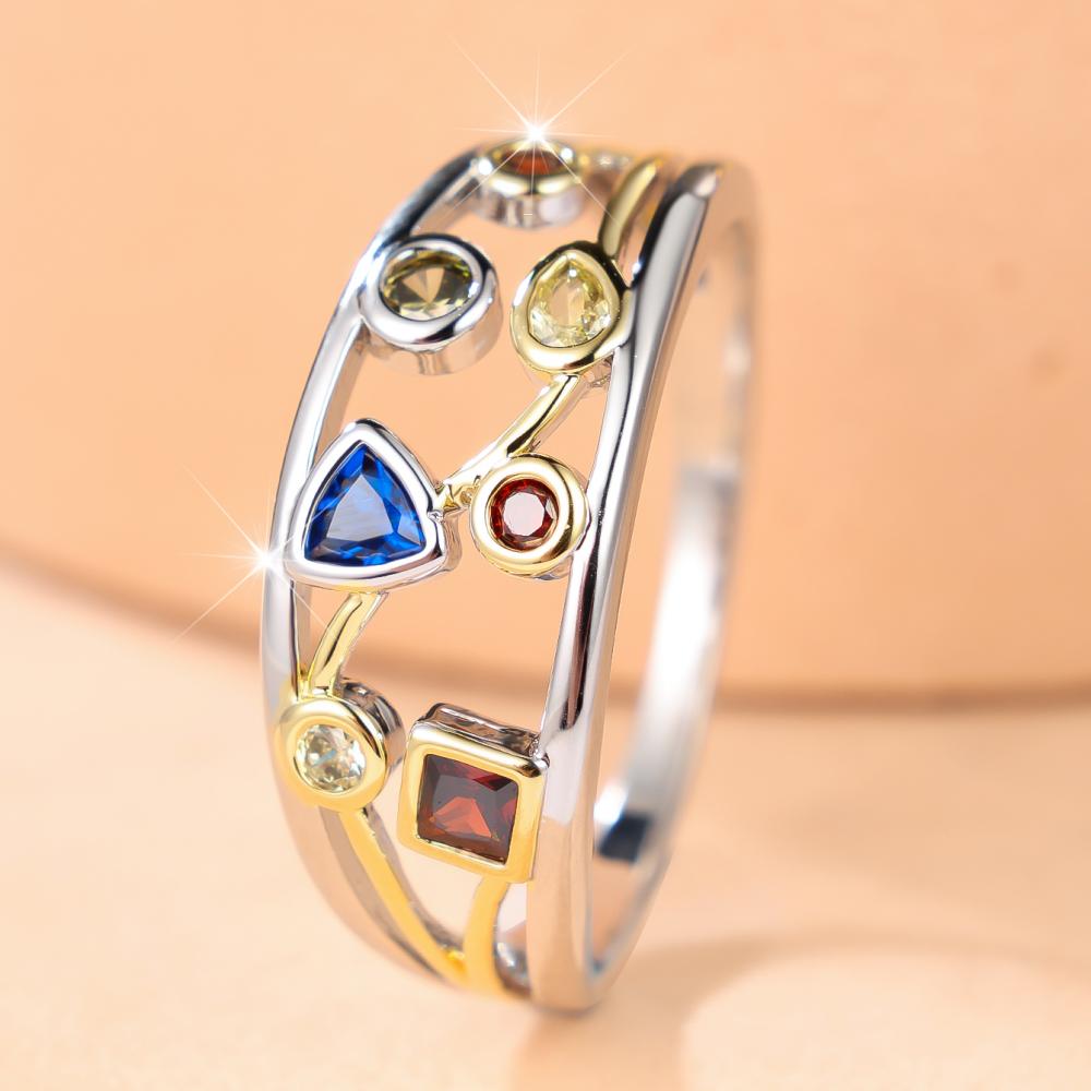 Two-Tone Geometric Multi-Color Stone Ring Silver & Gold Open Band Triangle Square CZ Fashion Jewelry Gift for Women
