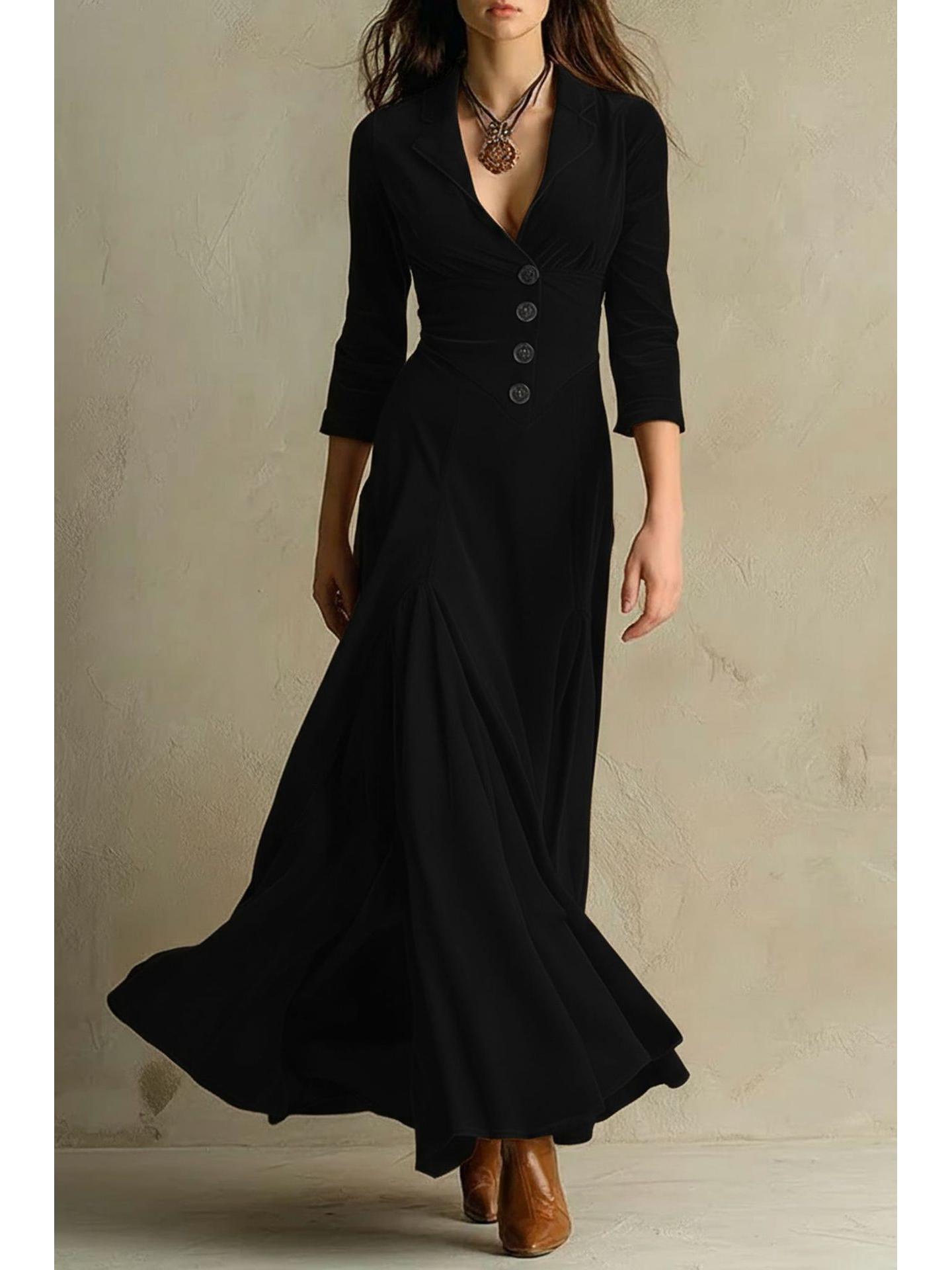2025 Women s Solid Color Button Lapel Long Dress with Cinched Waist and A-line Skirt M