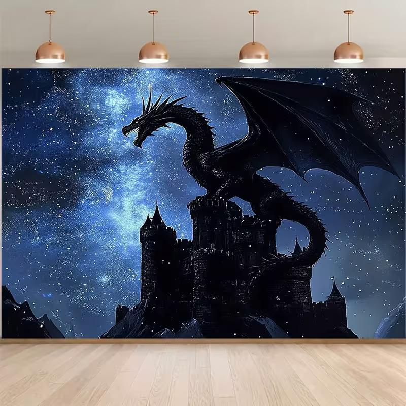 2D Schwarz-Drachenburg Wandteppich, Mittelalterliche Burg mit Drachen und Sternenhimmel