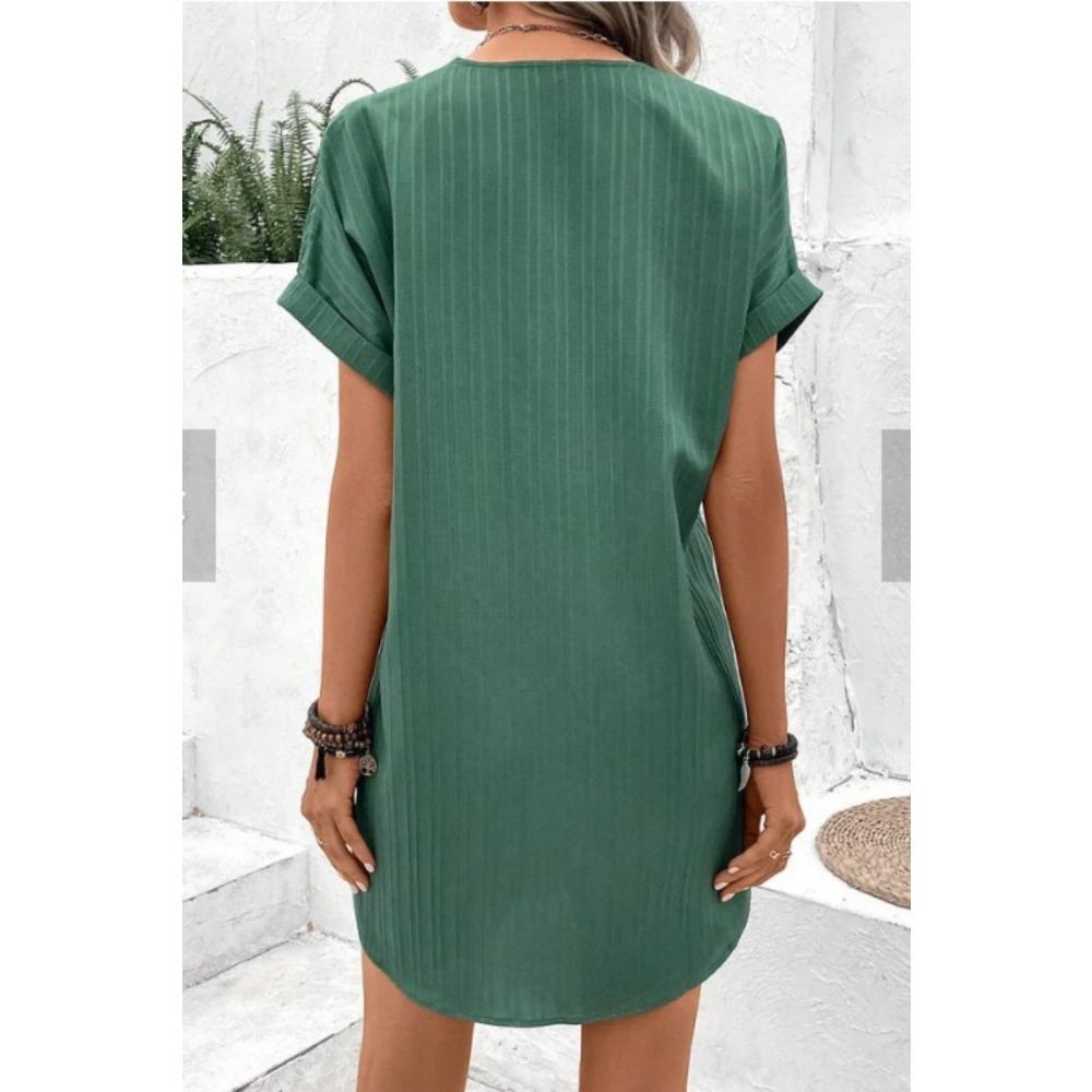 New Women's V-neck Solid Color Pullover Casual Button Dress