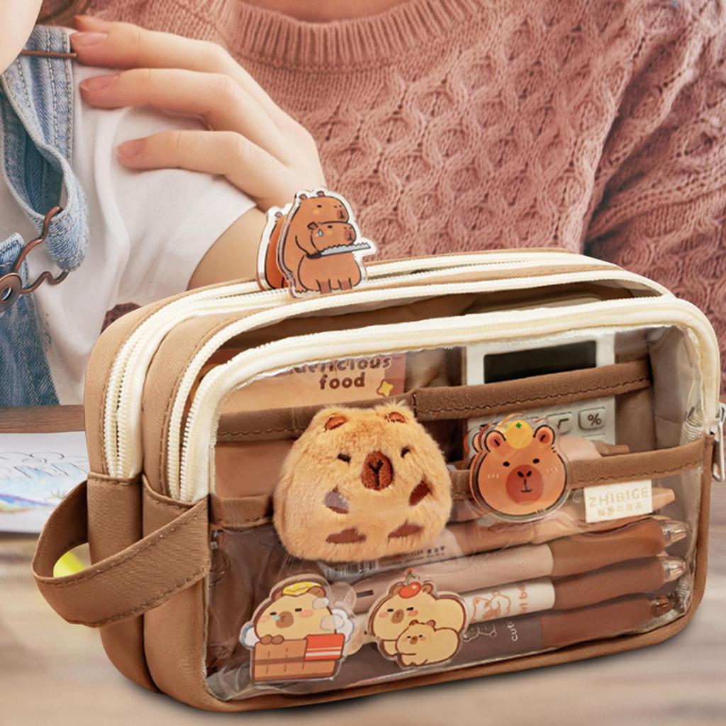 Pencil Case with Compartments Pencil Pouch Clear Pen Bag with Sticker Pendant for Office School