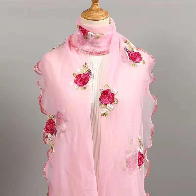 Gold Rose Embroidered Silk & Gauze Shawl for All Seasons - Women's Lace-Trimmed, Double-Layer Versatile Scarf