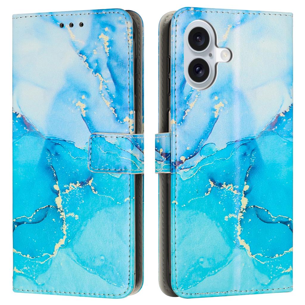 For iPhone 16 Stand Case Marble Pattern PU Leather Wallet Phone Cover with Wrist Strap