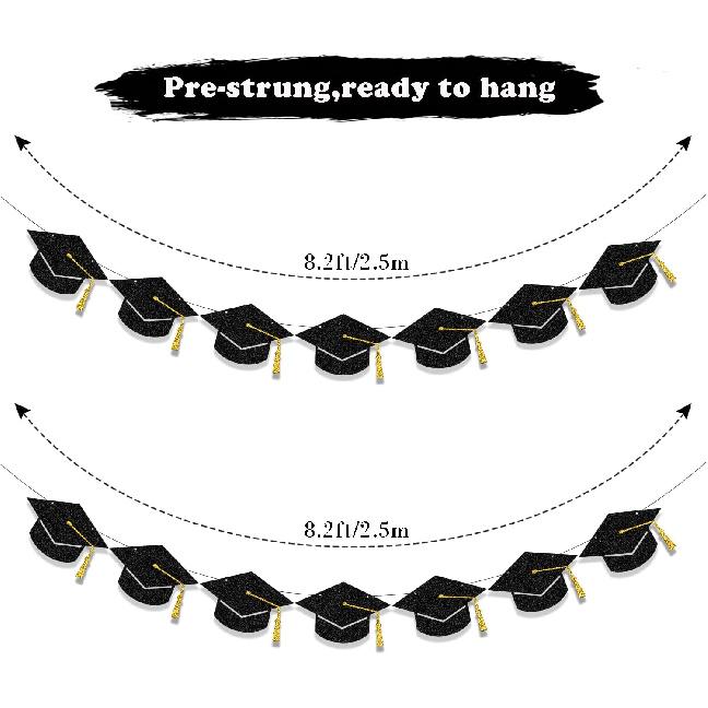 Graduation Decorations Class of 2026 Party Supplies - Graduation Grad Caps Banner (Pre-Strung)