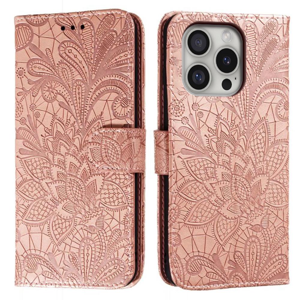 

For iPhone 16 Pro Max Case Lace Flowers PU Leather Flip Wallet Phone Cover Rose Gold