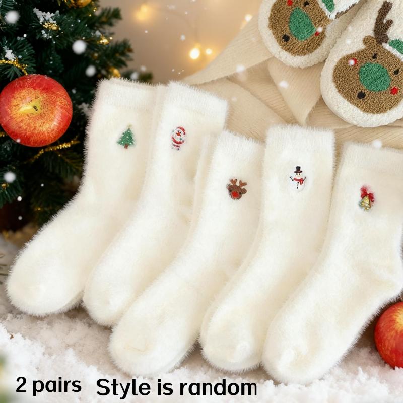 

2 пары носков в случайном стиле для осени и зимы для женщин, белые рождественские носки со снеговиком, Санта-Клаусом, элементами рождественской елки, утолщенные One Size