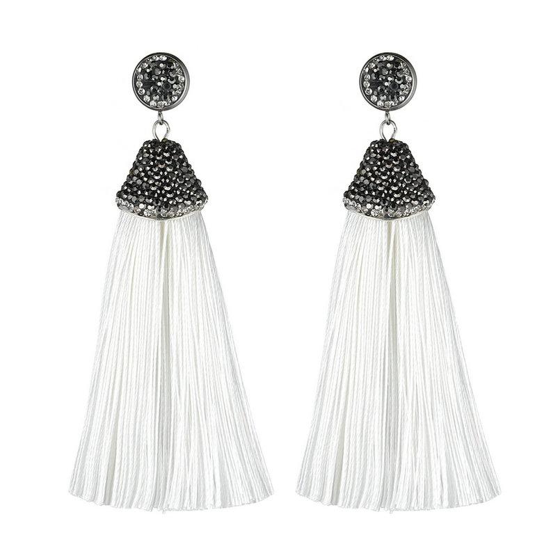 

Handmade Long Tassel Earrings Bohemian Black Red Pink White Blue Silk Fabric Rhinestone Dangle Drop Earrings For Women Zircon белый