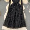 Winter  Autumn Elegant Women Lace Mesh Hollow Out Patchwork Dress Casual Lady Ruffled A-line Dress Party Cake Dress