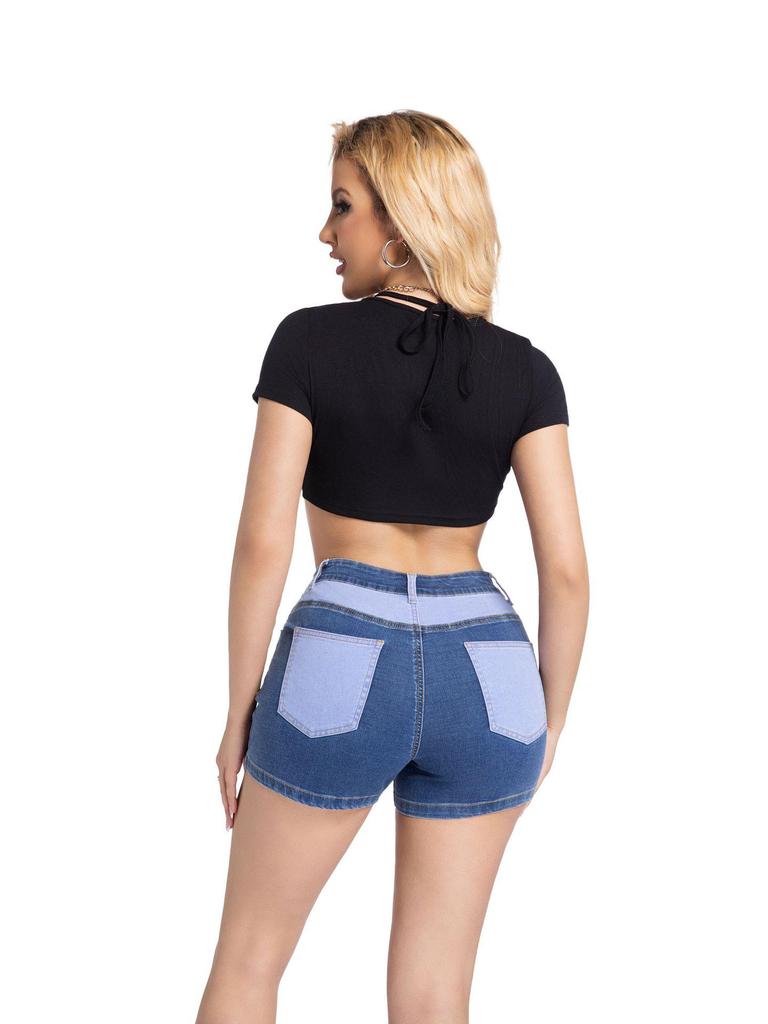 2025 European & American Stretch Fashion Patchwork Denim Hip-lifting Shorts for Women