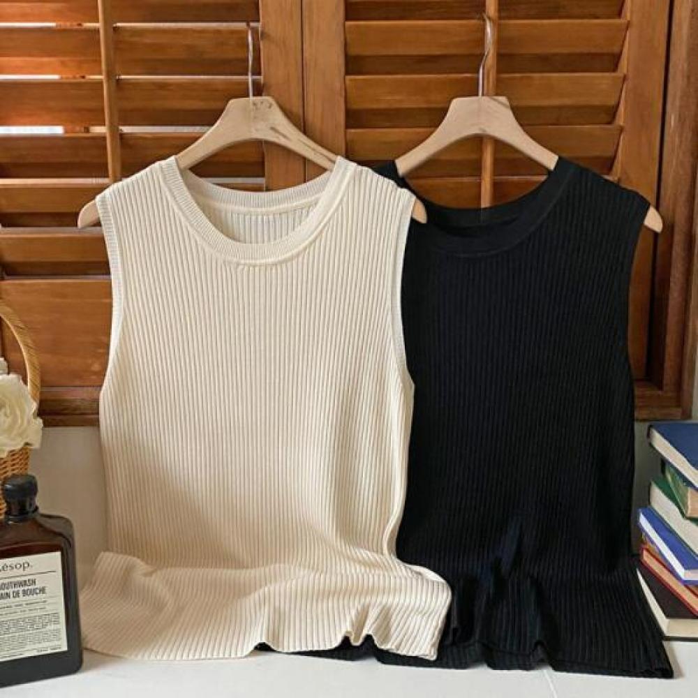 New Arrivals Open Run Women Crew Neck Sleeveless Minimal Sweater Ribbed