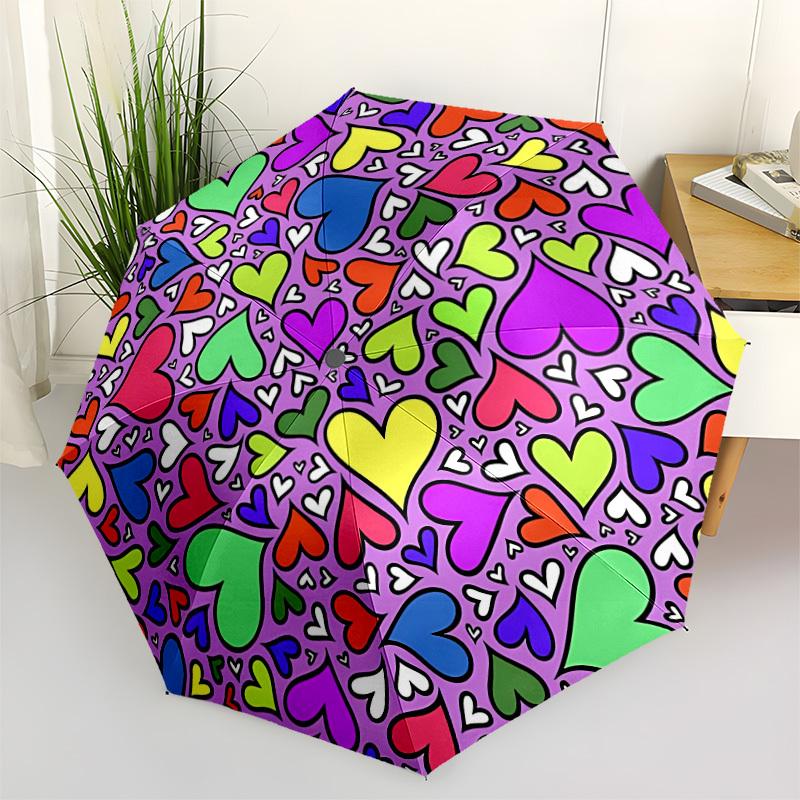 1pc Heart Print Automatic Umbrella - Automatic Opening And Closing, Sturdy Iron Frame, Portable Folding Design yy251018109