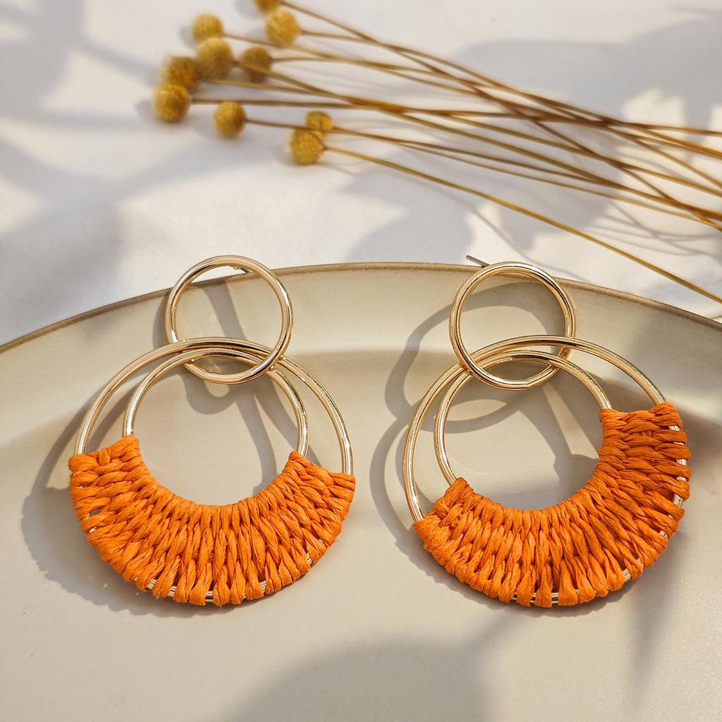 Bohemian Retro Round Geometric Hollow Rattan Earrings for Women