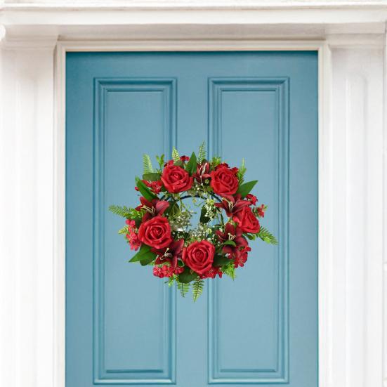 Artificial Floral Wreath for Front Door Realistic Large Rose Lily Flower Wreath with Leaves for Spring Valentine's Mother's Day Wedding Home Decor