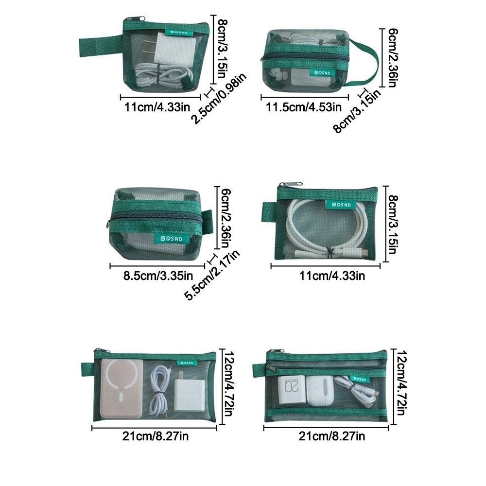 6pcs Set Square Mesh Storage Pouch Nylon Mini Zipper Coin Purse Charging Cables Storage  Home Use