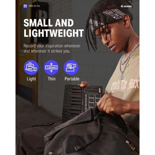 Donner DMK-25 PRO USB MIDI Keyboard Controller, 25 Keys, Velocity Sensitive, Touch Sliders, OLED Screen, Backlit Pads, Music Production, Mac/PC Compat