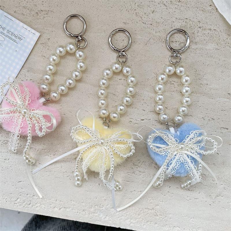 Cute Sweet Plush Heart Love Lace Bow Pearl Chain Keychain Pendants Backpack Charm Bag Hanging Ornaments Girly Phone Chain Gifts