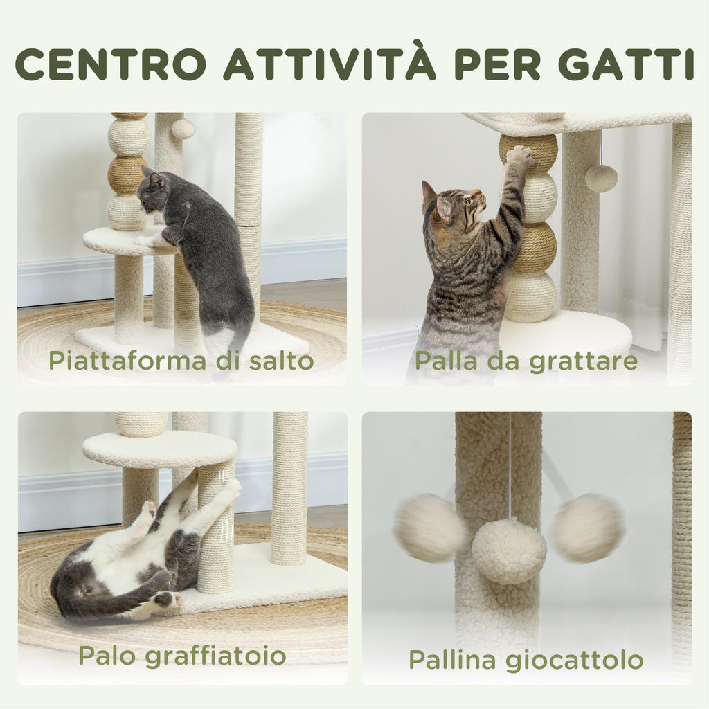 Cat Tower with Bed, Platform and Toy Ball, Made of Wood, Plush and Jute, 48.5x40x76 cm, Beige