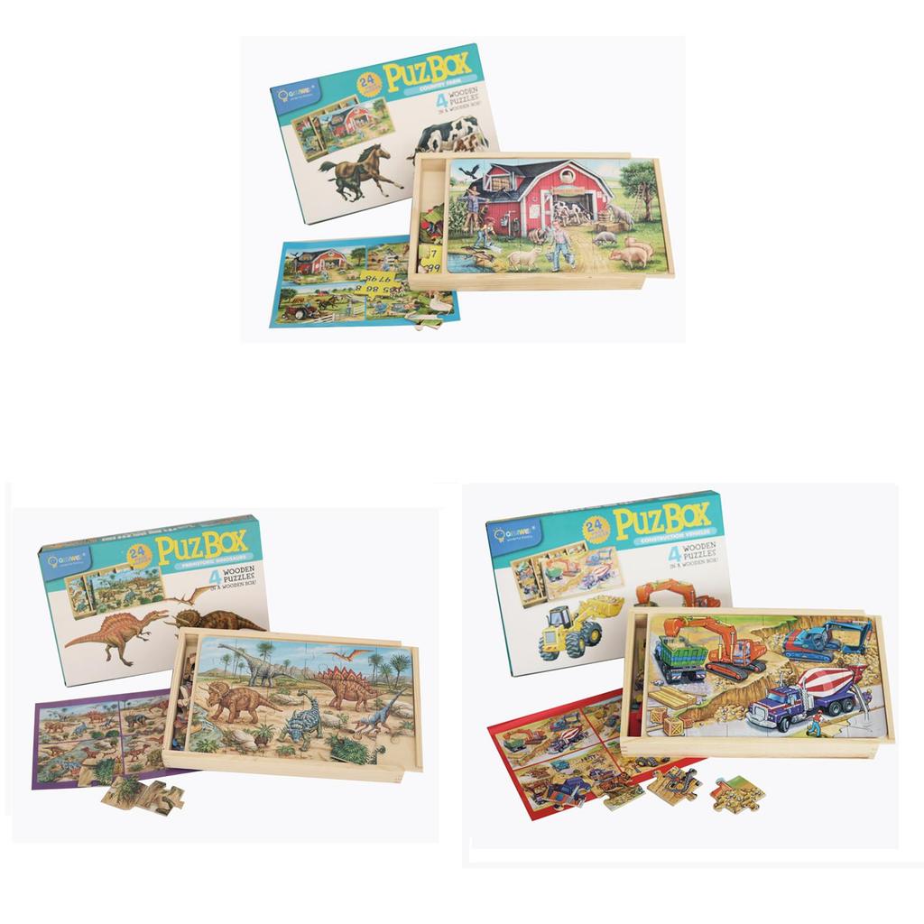 Holzpuzzle-Set mit Vier-in-einem-Transport- und Dinosaurier-Themen für Kinder zum Lernen und Spielen
