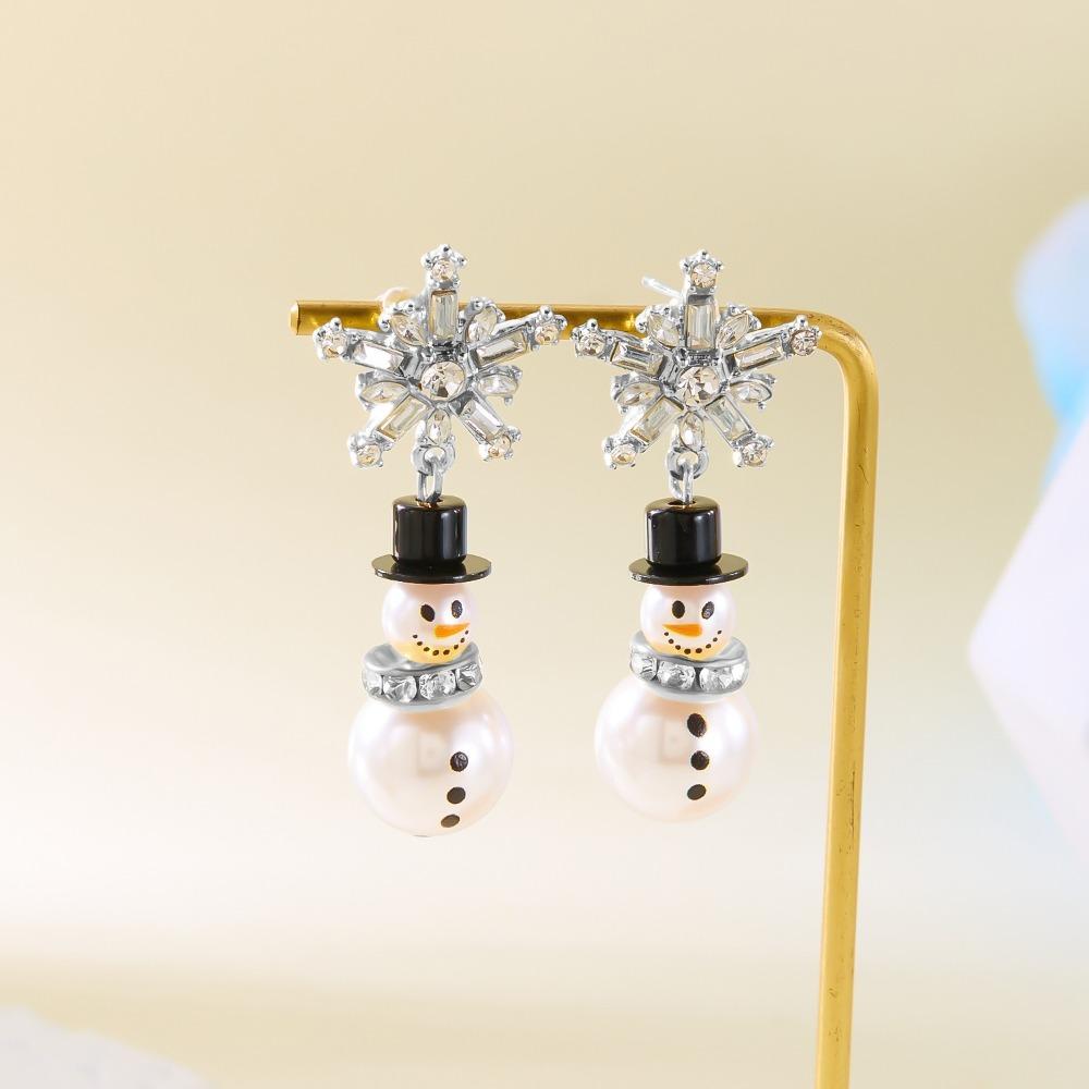 Pearl Snowman Earrings Rhinestone Xmas Dangle Earrings Christmas Earrings  New Year Ear Gift