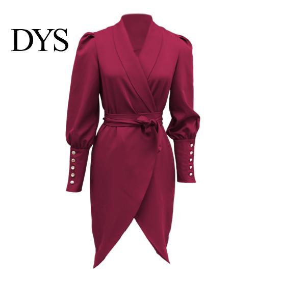 Slim Fit V-neck Dress Women Formal Business Style Turn-down Collar Long Sleeve Pure Color Belt Lace-up Cross Cardigan Spring Midi OL Commuting