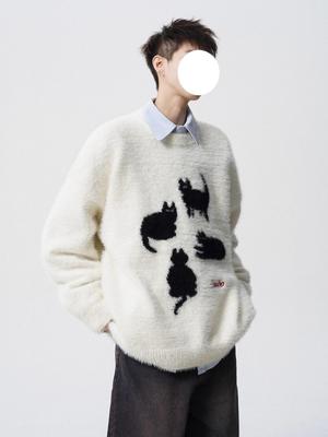 Trendy Cartoon Cat Knitwear: Men's Autumn/Winter Lazy Style Round Neck Casual Sweater