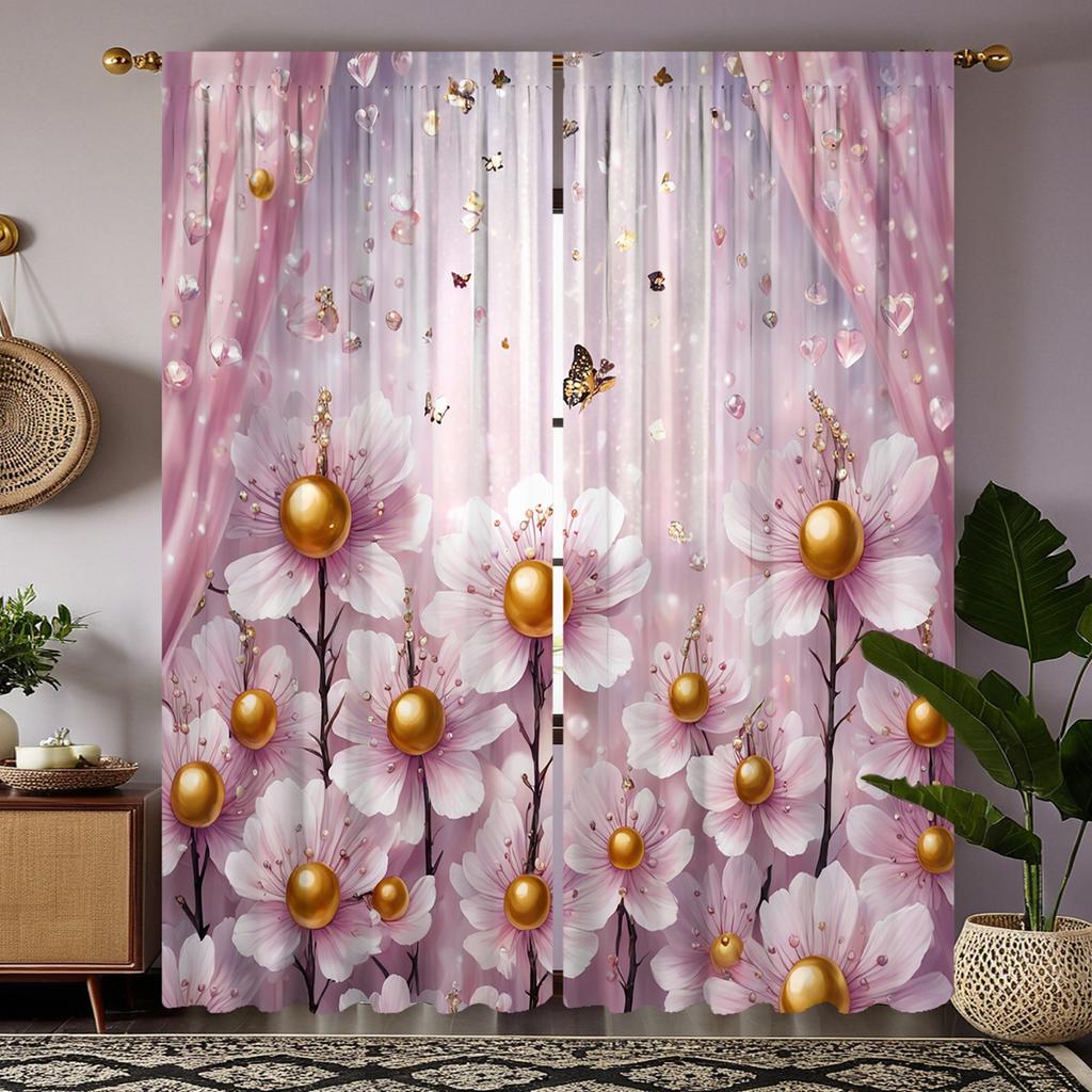 2 Pieces of HD Digital Pink Tie Princess Style Flower Curtain Home Decoration Style Decoration Living Room Bedroom Wear Rod Curt