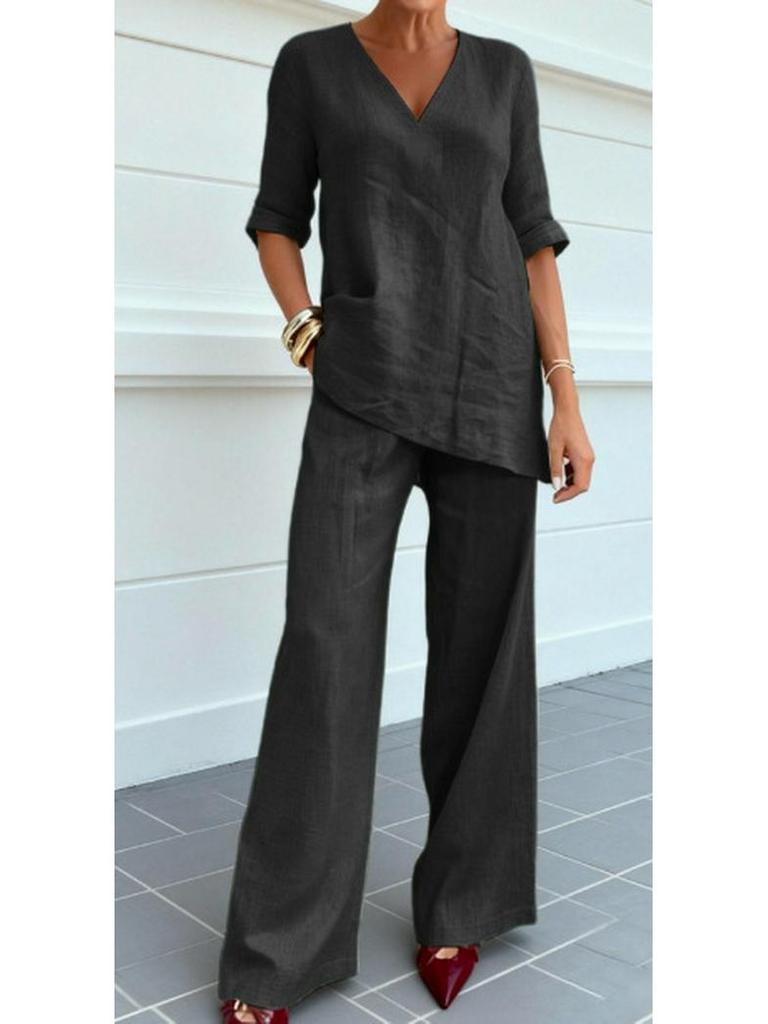2026 European Cotton Linen Women's Casual Solid Color Two-Piece Set