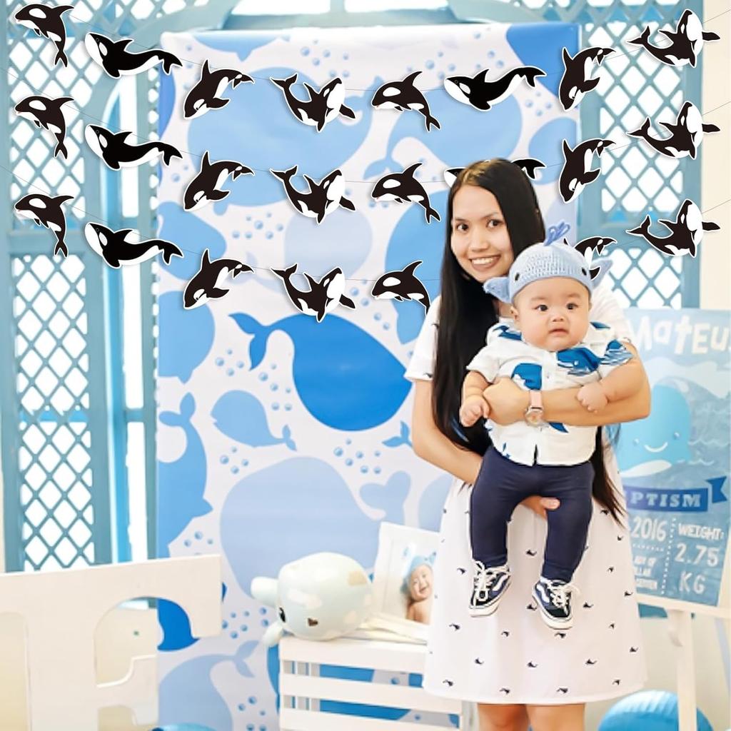 Cheereveal 3 Pack Killer Whale Garlands, Black and White Orca Hanging Banners, Whales Animals Sea Creature Ocean Under The Sea Theme Baby Shower