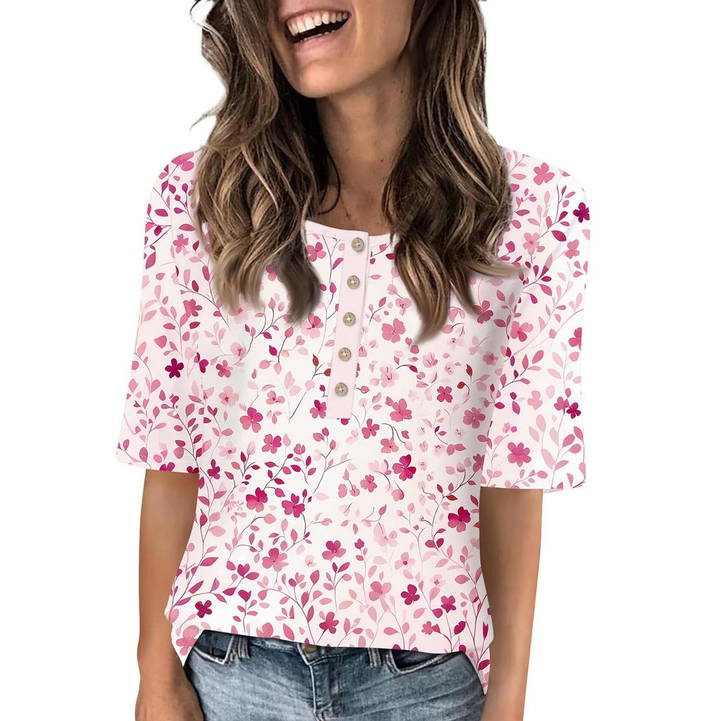 Shirts For Women Trendy Round Neck Button T Shirts Printed  Blouse Half Sleeve Tops For Women