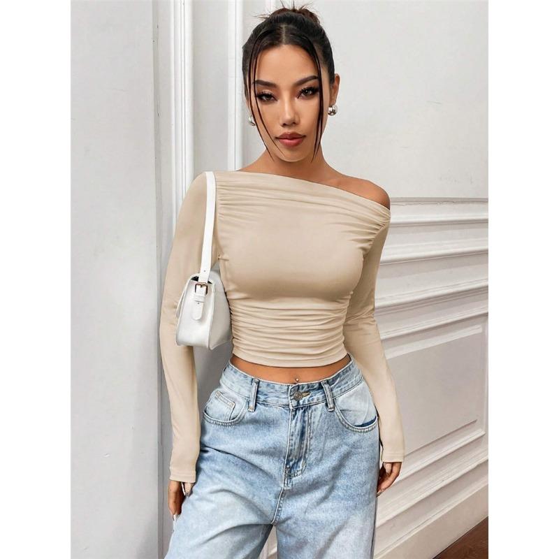 

Женская футболка весна-лето с баской, косыми плечами, плиссировкой и длинным рукавом XL абрикосовый