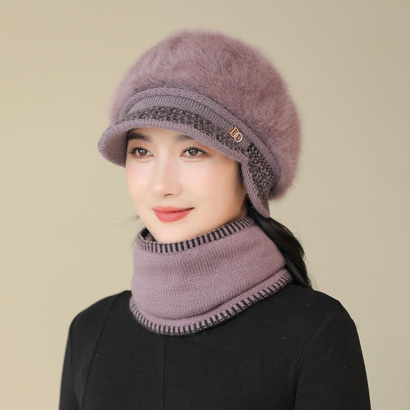 Dicke warme Wintermütze für Damen, Ohrenschützer Kaninchenfell Strickmütze, Kälteschutzmütze zum Reiten