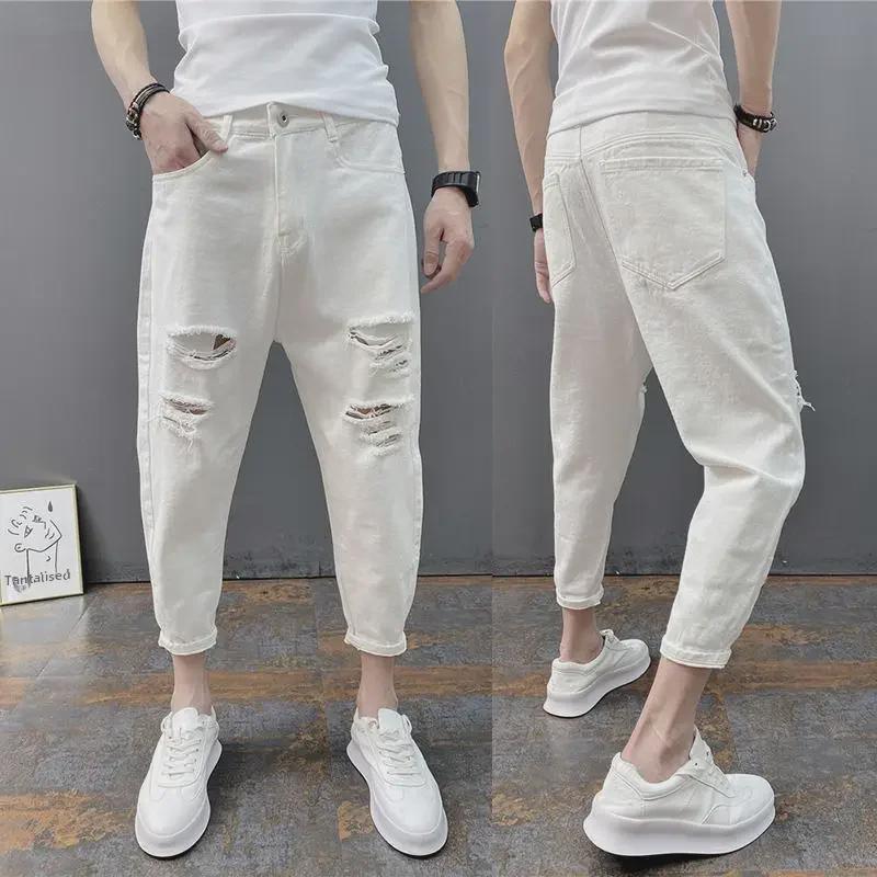 2023 Men's Korean Style Distressed Skinny Jeans - Trendy Cropped Slim Cuffed Harem Pants