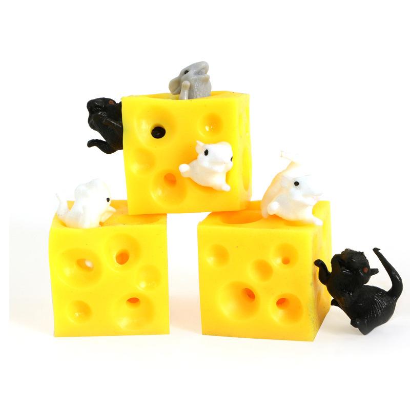 3pcs Mouse Drill Cheese Finger Anti Pressure Toy Elastic Stretch Mouse Hidden In Cheese Hole Block Stress Relieving Latex Toy