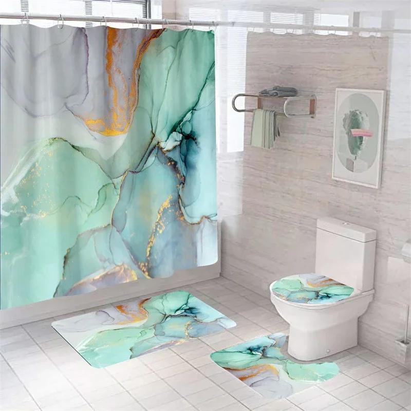 Luxury 3D Marble Shower Curtain Set Polyester Fabric Waterproof Batthroom Curtains Modern Style Printing Bath Toilet Cover Mat